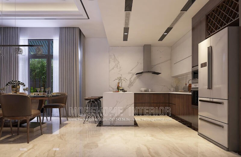 Mẫu thiết kế tủ bếp biệt thự kết hợp bàn đảo, bàn ăn phụ tạo cho gia chủ một không gian nấu nướng và dùng bữa tiện nghi hơn cả Tủ bếp