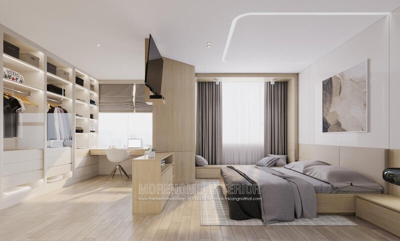 Phòng ngủ chung cư diện tích rộng, vách ngăn được xử dụng thông minh mang đến không gian sử dụng hữu ích Mẫu nội thất chung cư đẹp