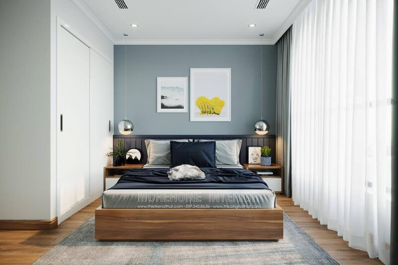 Đồ nội thất như giường ngủ, kệ tivi, tab đầu giường đều làm từ chất liệu gỗ công nghiệp, với thiết kế đẹp mắt, vật liệu an toàn. Mẫu nội thất chung cư đẹp