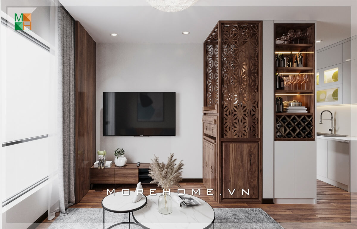 Mẫu kệ tivi gỗ tự nhiên tuy đơn giản nhưng cũng hết sức tinh tế và tiện nghi khiến căn phòng khách chung cư trở nên sang trọng hơn. Mẫu nội thất chung cư đẹp