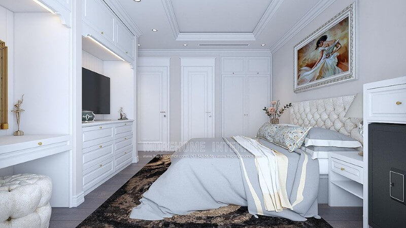 Phòng ngủ tân cổ điển với gam màu trắng tinh khiết mang đến một không gian ngủ thật thông thoáng và sang chảnh Thiết kế chung cư