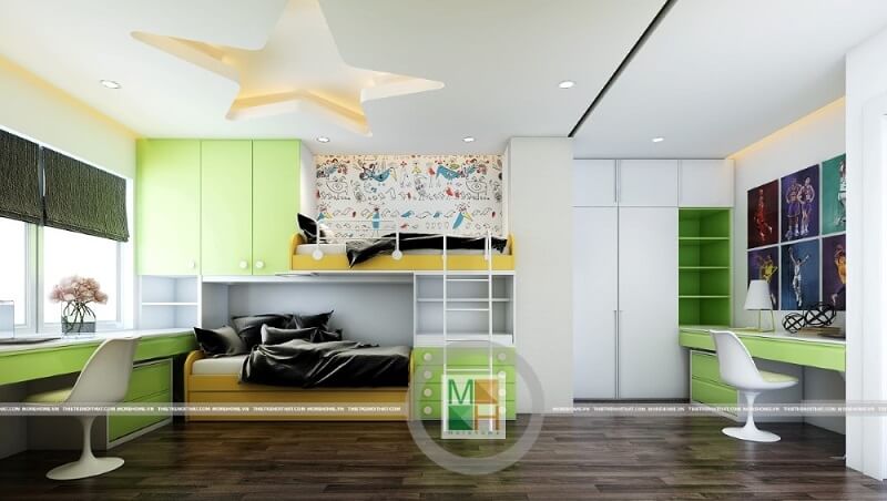 Mẫu thiết kế nội thất phòng ngủ trẻ em hiện đại cho chung cư nhỏ gọn với tông màu xanh chủ đạo Thiết kế chung cư