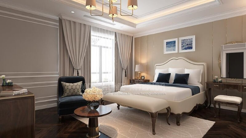 Giường ngủ tân cổ điển thanh lịch, quý phái với sắc trắng tinh khôi hòa quyện với đường nét mềm mại từ gỗ óc chó cao cấp tạo nên điểm nhấn ấn tượng cho phòng ngủ master. Thiết kế phòng ngủ