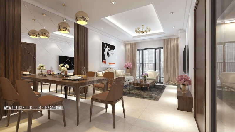 Liền kề với phòng khách là không gian uống ấm cúng được KTS thiết kế với mẫu bàn ăn hiện đại 6 người ngồi Thiết kế chung cư