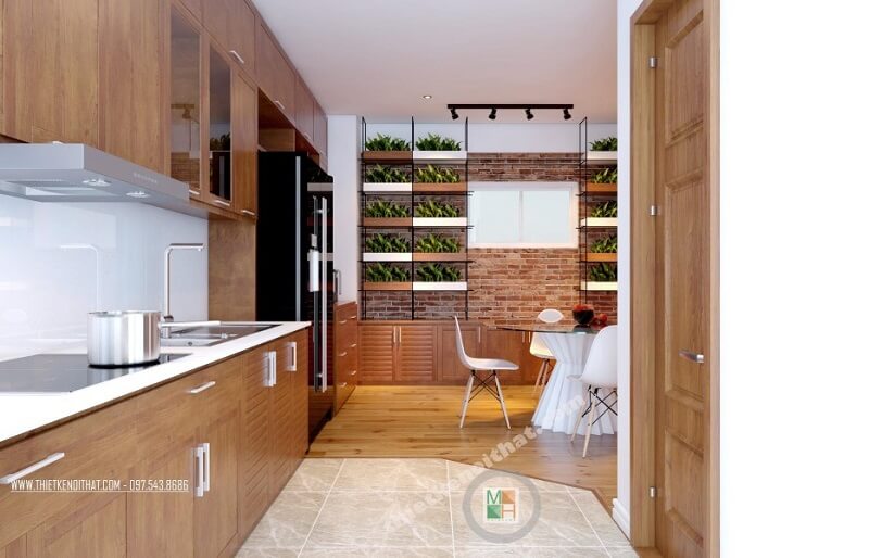 Hệ thống tủ bếp gỗ thiết kế đơn giản, hiện đại kéo dài tạo đô thoáng cho không gian mà vô cùng tiện dụng. Thiết kế tủ bếp, sản xuất tủ bếp chung cư