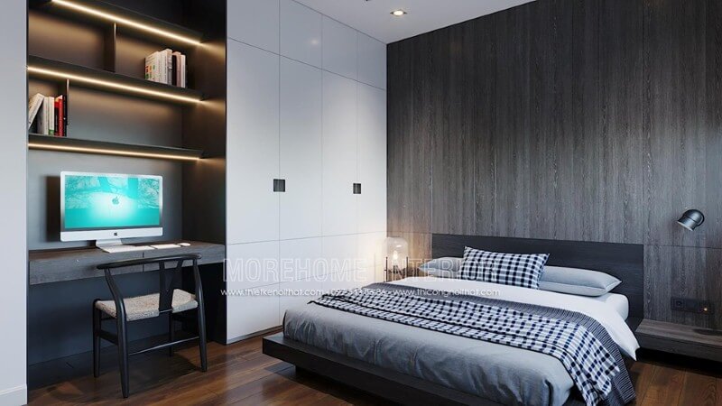 Góc học tập thiết kế liền kề phòng ngủ giúp không gian con trở nên rộng rãi, thông thoáng. Thiết kế nội thất phòng ngủ biệt thự