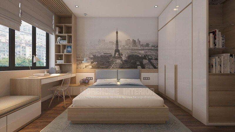 Tranh dán tường đen trắng cao cấp ấn tượng với địa danh tháp Effel nổi tiếng, lựa chọn ấn tượng cho tâm điểm phòng ngủ hiện đại. Thiết kế nội thất phòng ngủ biệt thự