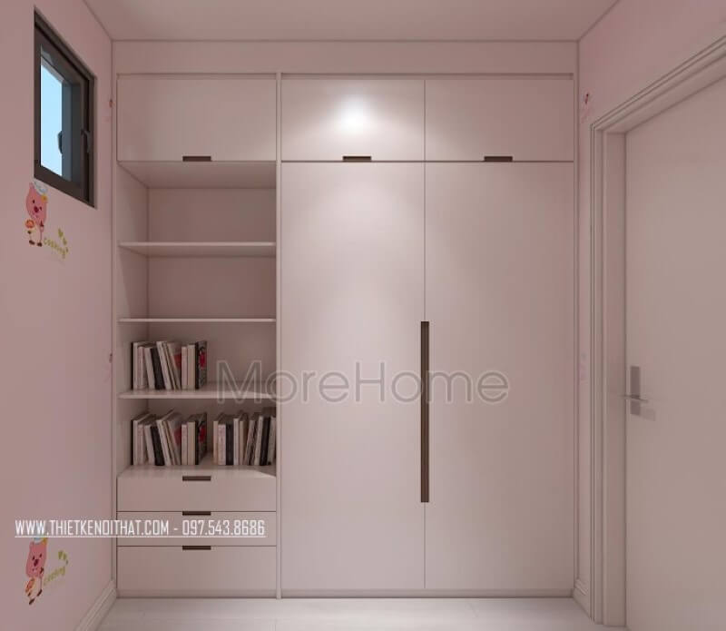 Tủ quần áo kết hợp kệ hở để sách vừa tiện dụng vừa gọn gàng cho phòng ngủ con gái. Thiết kế nội thất phòng ngủ biệt thự
