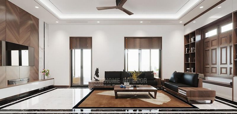Hình ảnh phòng khách hiện đại được thiết kế từ vật liệu gỗ óc chó cao cấp nhập khẩu tại Mỹ