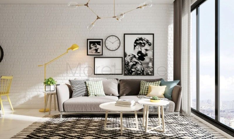 Thay vì sử dụng những mảng tường thô nhàm chán trong thiết kế truyền thống trước đó, việc lựa chọn sử dụng giấy dán tường giả gạch màu trắng đã tạo nên sự mới mẻ cho không gian.