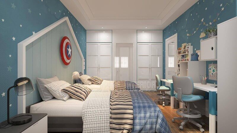 Nếu bạn đang băn khoăn cách thiết kế phòng vệ sinh kết nối với phòng ngủ của 2 cậu con trai, thì ý tưởng sử dụng một cửa giữa 2 tủ quần áo âm tường để tạo ra một phòng tắm riêng là một cách sắp xếp khá độc đáo vừa tiện lợi vừa đẹp.