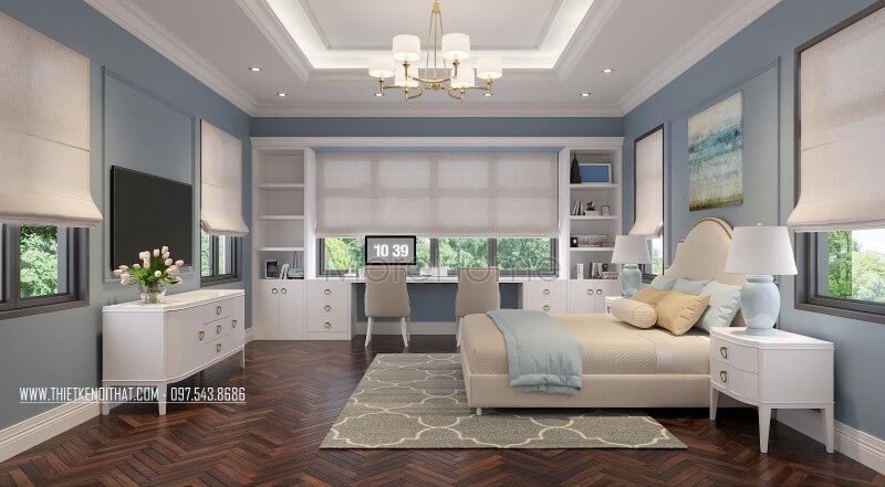 Sự kết hợp hài hòa giữa 2 gam màu chủ đạo là xanh ngọc và màu trắng tạo nên một không gian phòng ngủ đầy sự trẻ trung, năng động và thoải mái cho người sử dụng